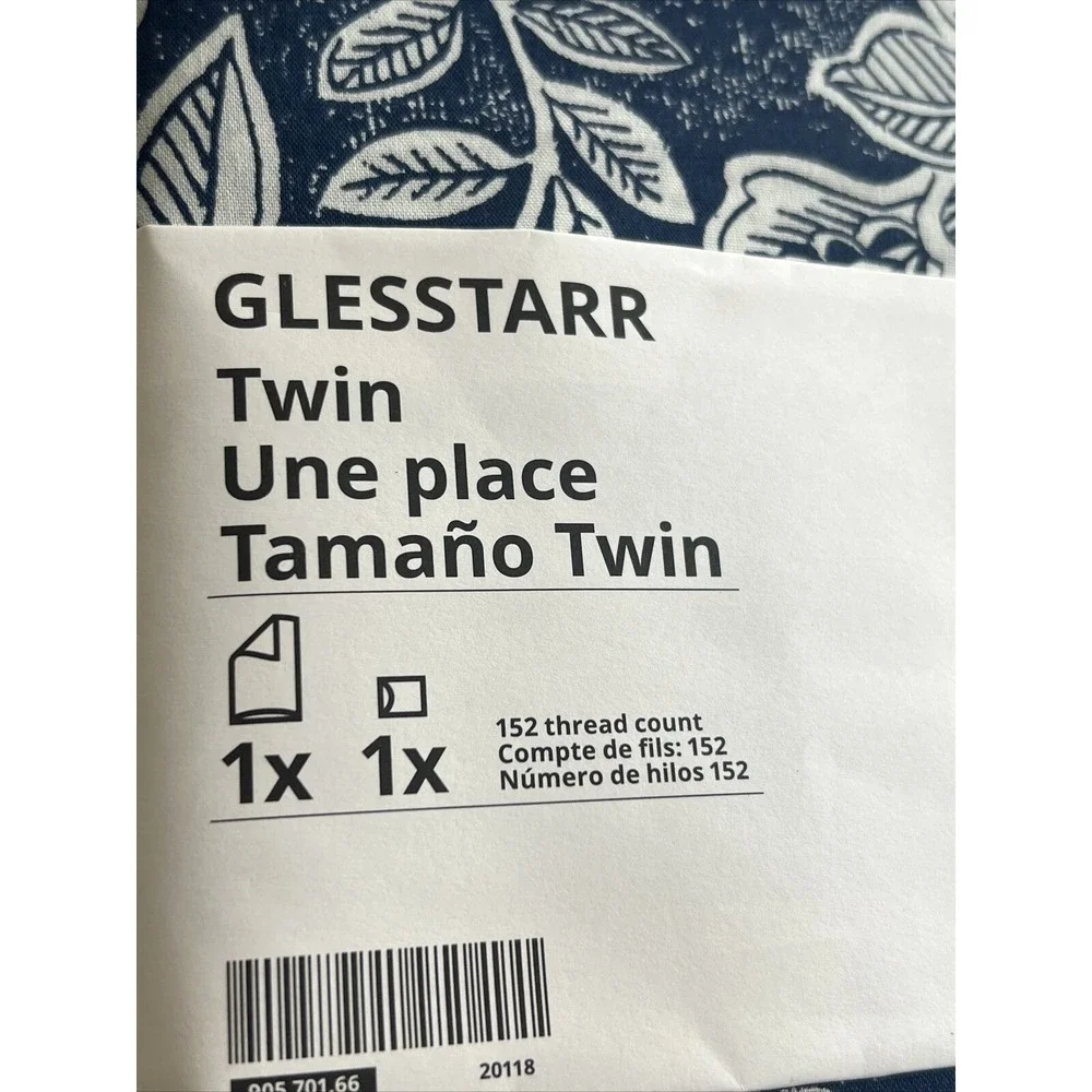 New Ikea GLESSTARR Twin Duvet cover and pillowcase dark blue/white Floral